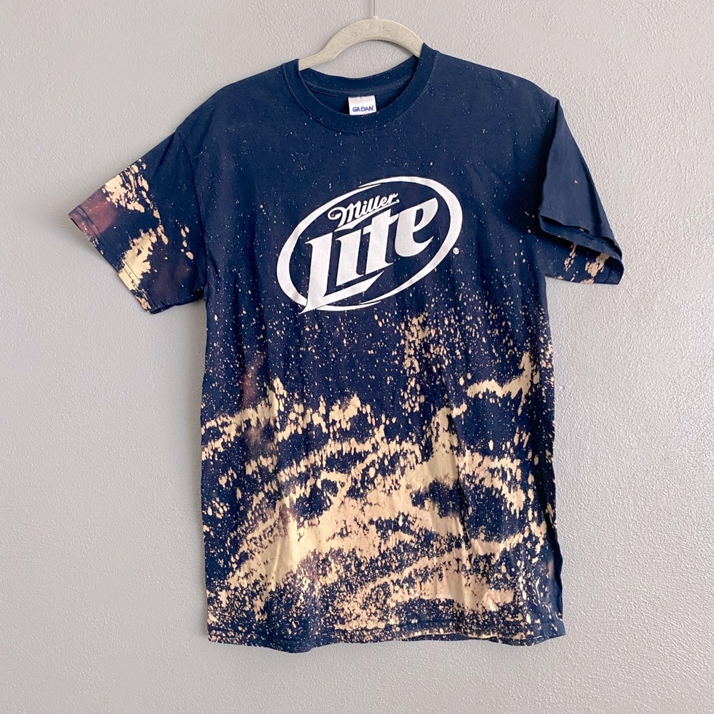 Miller Lite T-Shirt Womens Size Medium Navy Blue Custom Bleach Splatter Unique